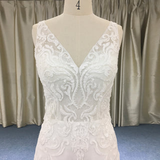 V-neck Lace Open-Back A-Line Wedding Dress with Scalloped Hem