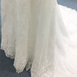 V-neck Lace Open-Back A-Line Wedding Dress with Scalloped Hem