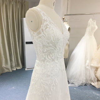 V-neck Lace Open-Back A-Line Wedding Dress with Scalloped Hem