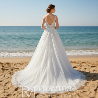 A-line Deep V-Neck Lace Wedding Dress Illusion Bodice with Lace Appliqués