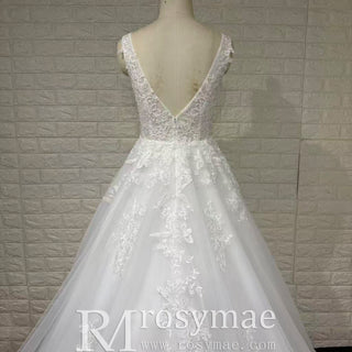 A-line Deep V-Neck Lace Wedding Dress Illusion Bodice with Lace Appliqués