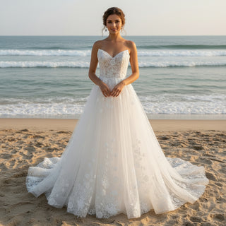 Elegant Floral Lace Appliqued A-line Wedding Dress with V-neck