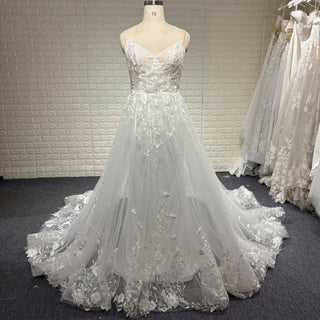 Elegant Floral Lace Appliqued Sheer Bodice A-line Wedding Dress with V-neck