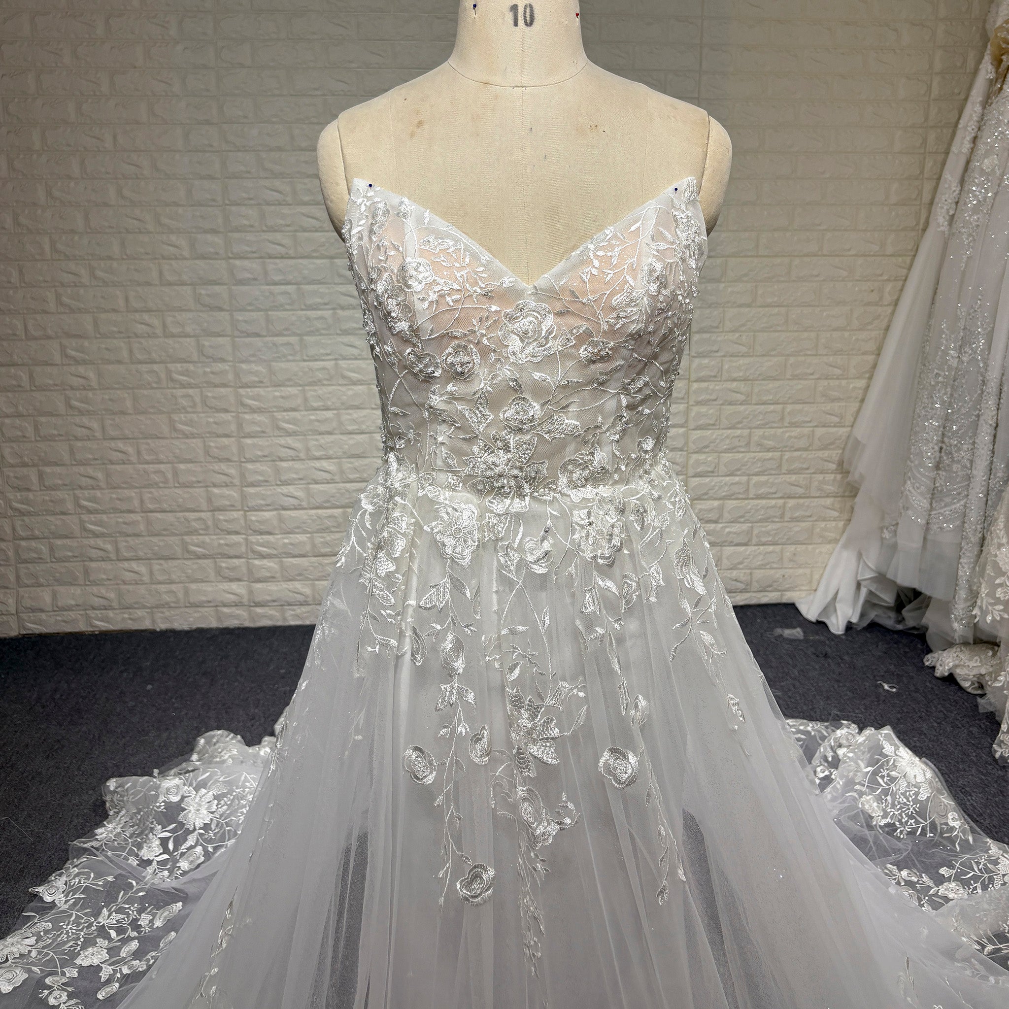 Elegant Floral Lace Appliqued Sheer Bodice A-line Wedding Dress with V Rosymae Elegant Floral Lace Appliqued Sheer Bodice A-line Wedding Dress with V Rosymae