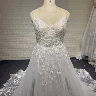 Elegant Floral Lace Appliqued A-line Wedding Dress with V-neck