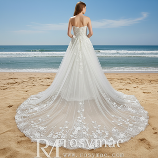 Elegant Floral Lace Appliqued Sheer Bodice A-line Wedding Dress with V-neck