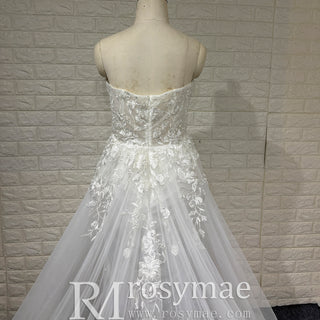 Elegant Floral Lace Appliqued A-line Wedding Dress with V-neck