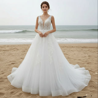 A-line Deep V-Neck Lace Wedding Dress Illusion Bodice with Lace Appliqués