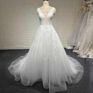 A-line Deep V-Neck Lace Wedding Dress Illusion Bodice with Lace Appliqués