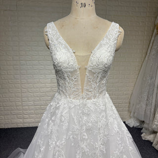 A-line Deep V-Neck Lace Wedding Dress Illusion Bodice with Lace Appliqués