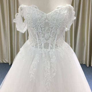 A-line Beaded Floral Lace Applique Wedding Dress with Off Shoulder