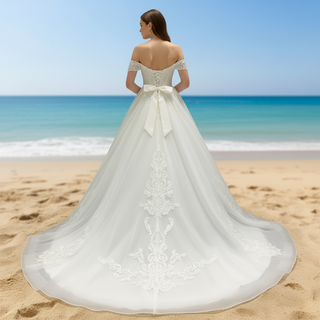 A-line Beaded Floral Lace Applique Wedding Dress with Off Shoulder