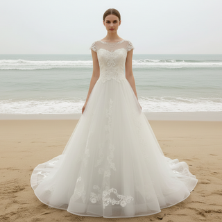 Classic A-line Tulle Lace Appliqued Wedding Dress with Capped Sleeve