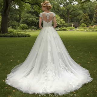 Classic A-line Tulle Lace Appliqued Wedding Dress with Capped Sleeve