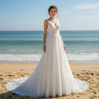 V-neck Lace Open-Back A-Line Wedding Dress with Scalloped Hem