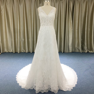 Classic V-neck Lace Open-Back A-Line Wedding Dress with Scalloped Hem