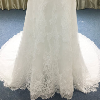 V-neck Lace Open-Back A-Line Wedding Dress with Scalloped Hem