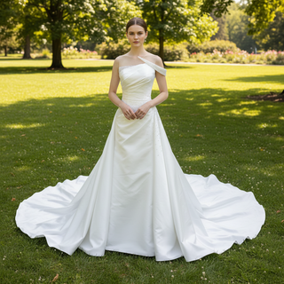 Unique One Shoulder Satin Wedding Dress with Detachable Train