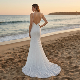 Fit Flare Beaded Lace Wedding Dress with Symmetrical Floral Pattern and Flared Skirt