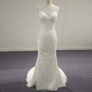 Fit Flare Beaded Lace Wedding Dress with Symmetrical Floral Pattern and Flared Skirt