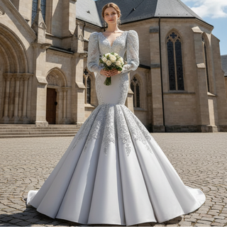 Silver Gray Trumpet Satin Long Sleeve Prom Dress with Vneck