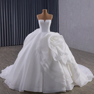 Small V-neck Ball Gown Wedding Dress with Massive Cascading Satin Rosette