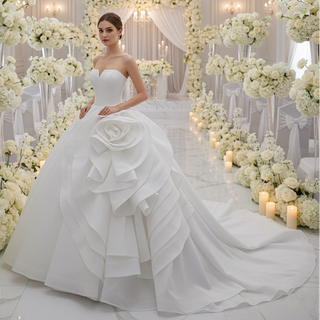 Small V-neck Ball Gown Wedding Dress with Massive Cascading Satin Rosette
