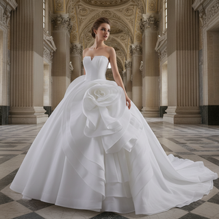 Small V-neck Ball Gown Wedding Dress with Massive Cascading Satin Rosette