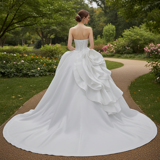 Small V-neck Ball Gown Wedding Dress with Massive Cascading Satin Rosette