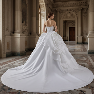 Small V-neck Ball Gown Wedding Dress with Massive Cascading Satin Rosette