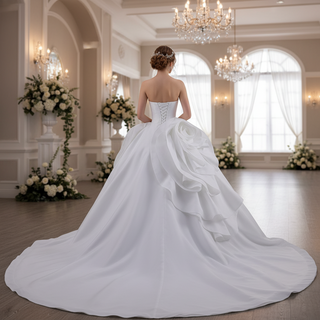 Small V-neck Ball Gown Wedding Dress with Massive Cascading Satin Rosette