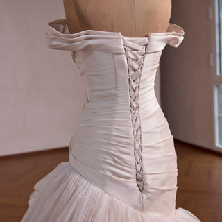Off Shoulder Dropped-Waist Satin Mermaid Wedding Dress with 3D Fabric Rosette