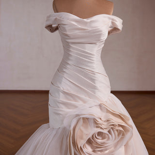 Off Shoulder Dropped-Waist Satin Mermaid Wedding Dress with 3D Fabric Rosette