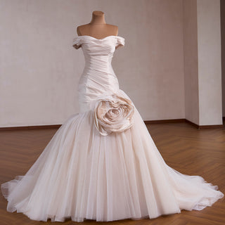 Off Shoulder Dropped-Waist Satin Mermaid Wedding Dress with 3D Fabric Rosette