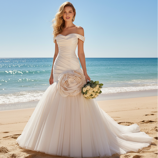 Off Shoulder Dropped-Waist Satin Mermaid Wedding Dress with 3D Fabric Rosette