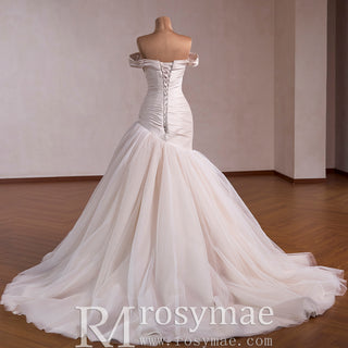 Off Shoulder Dropped-Waist Satin Mermaid Wedding Dress with 3D Fabric Rosette