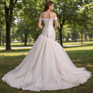 Off Shoulder Dropped-Waist Satin Mermaid Wedding Dress with 3D Fabric Rosette