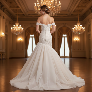Off Shoulder Dropped-Waist Satin Mermaid Wedding Dress with 3D Fabric Rosette