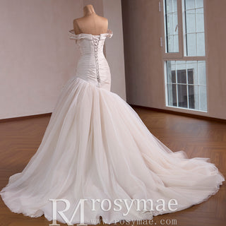 Off Shoulder Dropped-Waist Satin Mermaid Wedding Dress with 3D Fabric Rosette