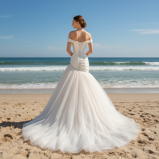 Off Shoulder Dropped-Waist Satin Mermaid Wedding Dress with 3D Fabric Rosette