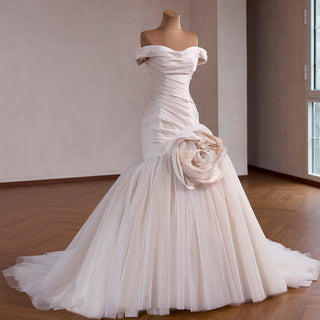 Off Shoulder Dropped-Waist Satin Mermaid Wedding Dress with 3D Fabric Rosette