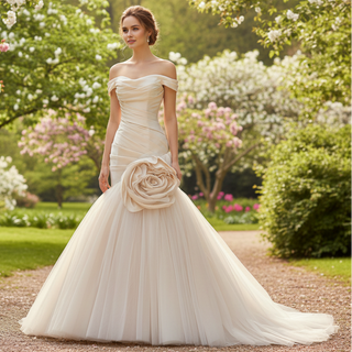 Off Shoulder Dropped-Waist Satin Mermaid Wedding Dress with 3D Fabric Rosette