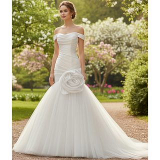 Off Shoulder Dropped-Waist Satin Mermaid Wedding Dress with 3D Fabric Rosette