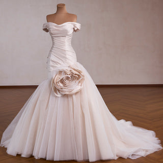 Off Shoulder Dropped-Waist Satin Mermaid Wedding Dress with 3D Fabric Rosette