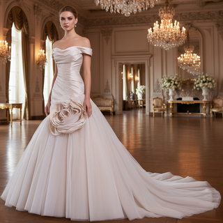 Off Shoulder Dropped-Waist Satin Mermaid Wedding Dress with 3D Fabric Rosette