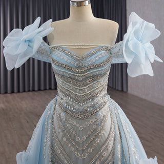 Luxury Baby Blue 2-in-1 Wedding Dress with Beaded & Detachable 3D Flower Overskirt