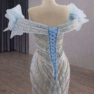 Luxury Baby Blue 2-in-1 Wedding Dress with Beaded & Detachable 3D Flower Overskirt