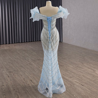 Luxury Baby Blue 2-in-1 Wedding Dress with Beaded & Detachable 3D Flower Overskirt
