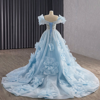 Luxury Baby Blue 2-in-1 Wedding Dress with Beaded & Detachable 3D Flower Overskirt