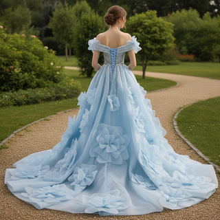 Luxury Baby Blue 2-in-1 Wedding Dress with Beaded & Detachable 3D Flower Overskirt